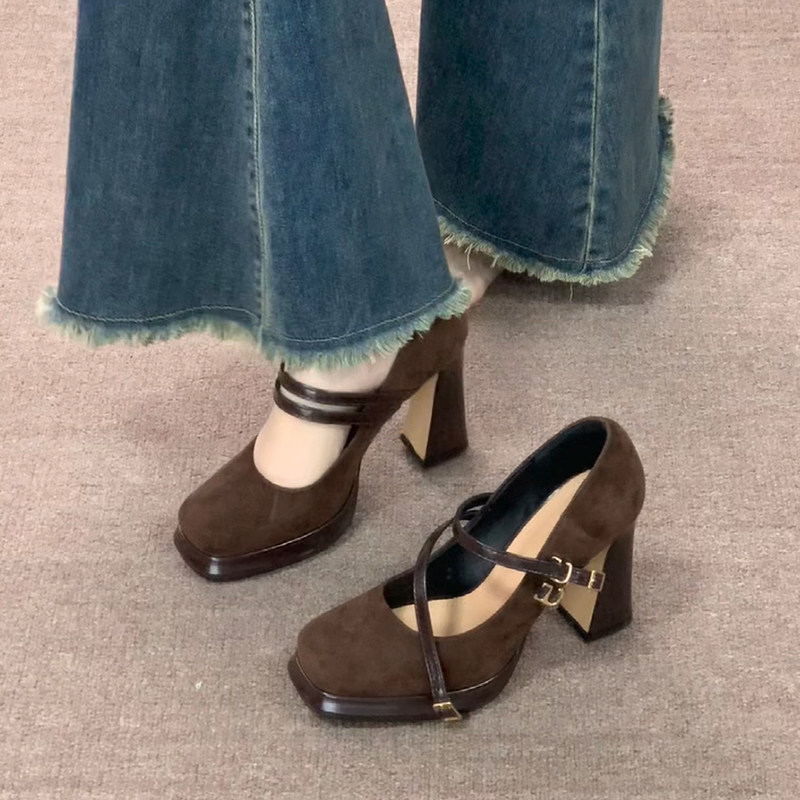 Lu Xiaojiang! Retro brown everyday versatile chunky heeled strappy high heels...