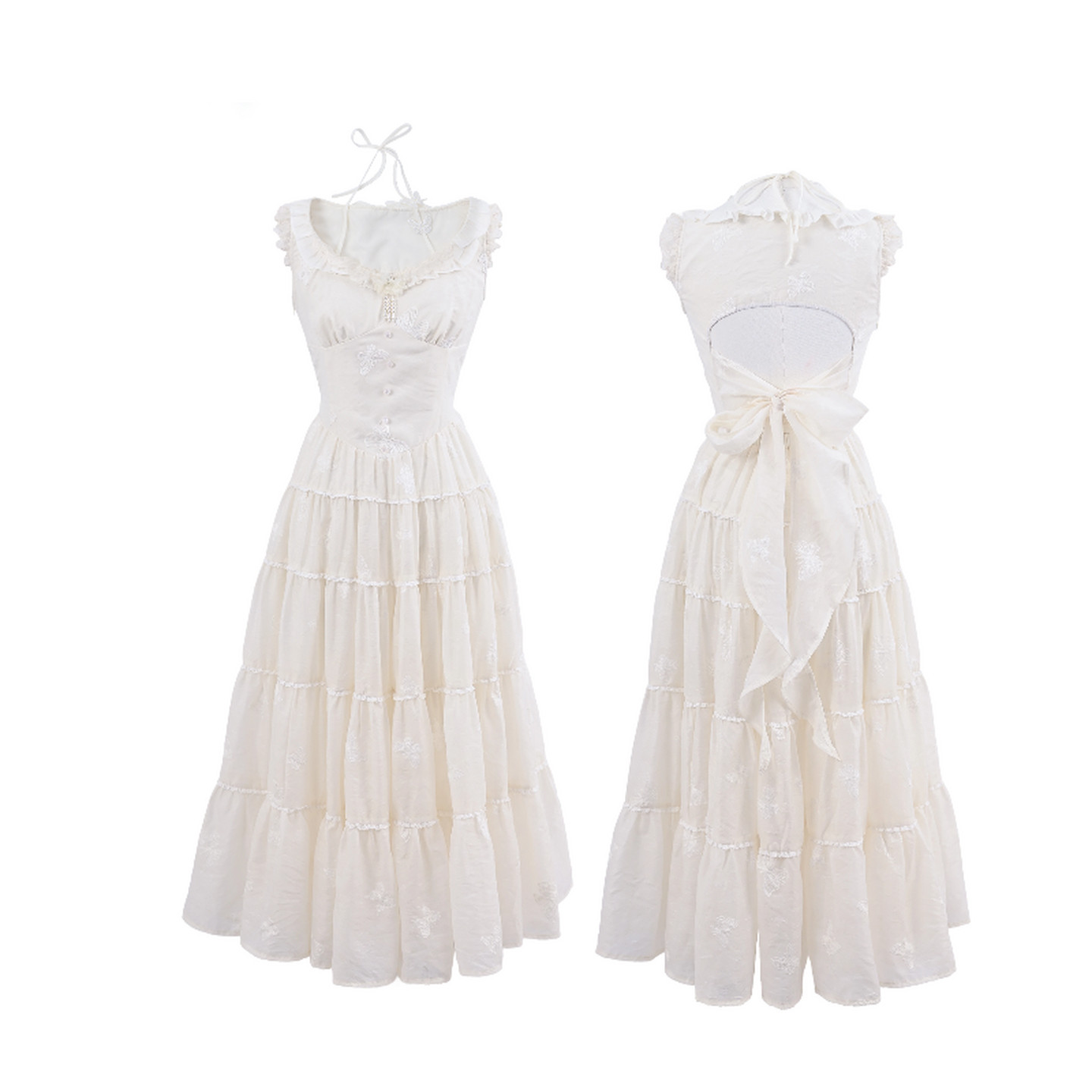 Forest Womens Tribe Vacation Style Butterfly Dress Womens Summer White Multi layer Big Swing Waist Show Skinny Fairy Sweet Girl Long Dress