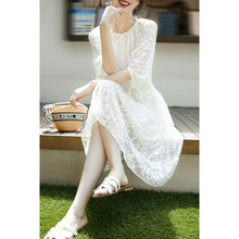 Scattered Sky Starry Flowering Silk Embroidery White Medium Length Dress Summer ELSQ63386