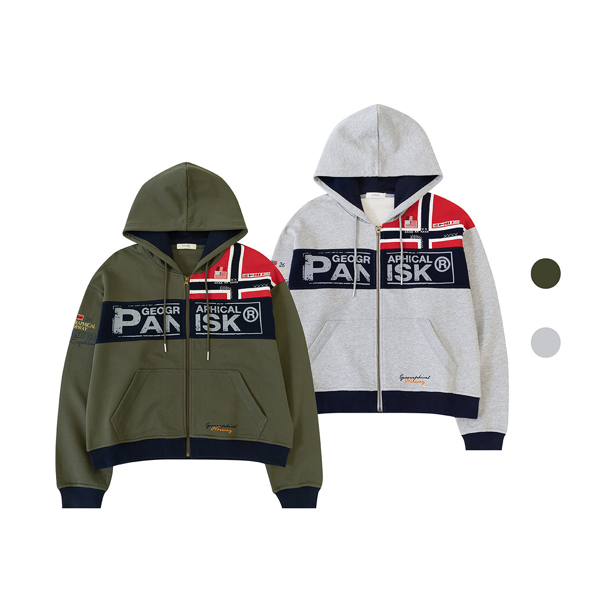 PANSK【拼接国旗】双色刺绣重磅纯棉boxy短宽连帽卫衣外套
