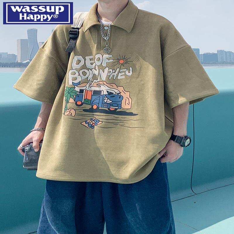 wassup happy американская замшевая футболка, мужская летняя трендовая плотная рубашка поло с короткими рукавами, свободная верхняя одежда