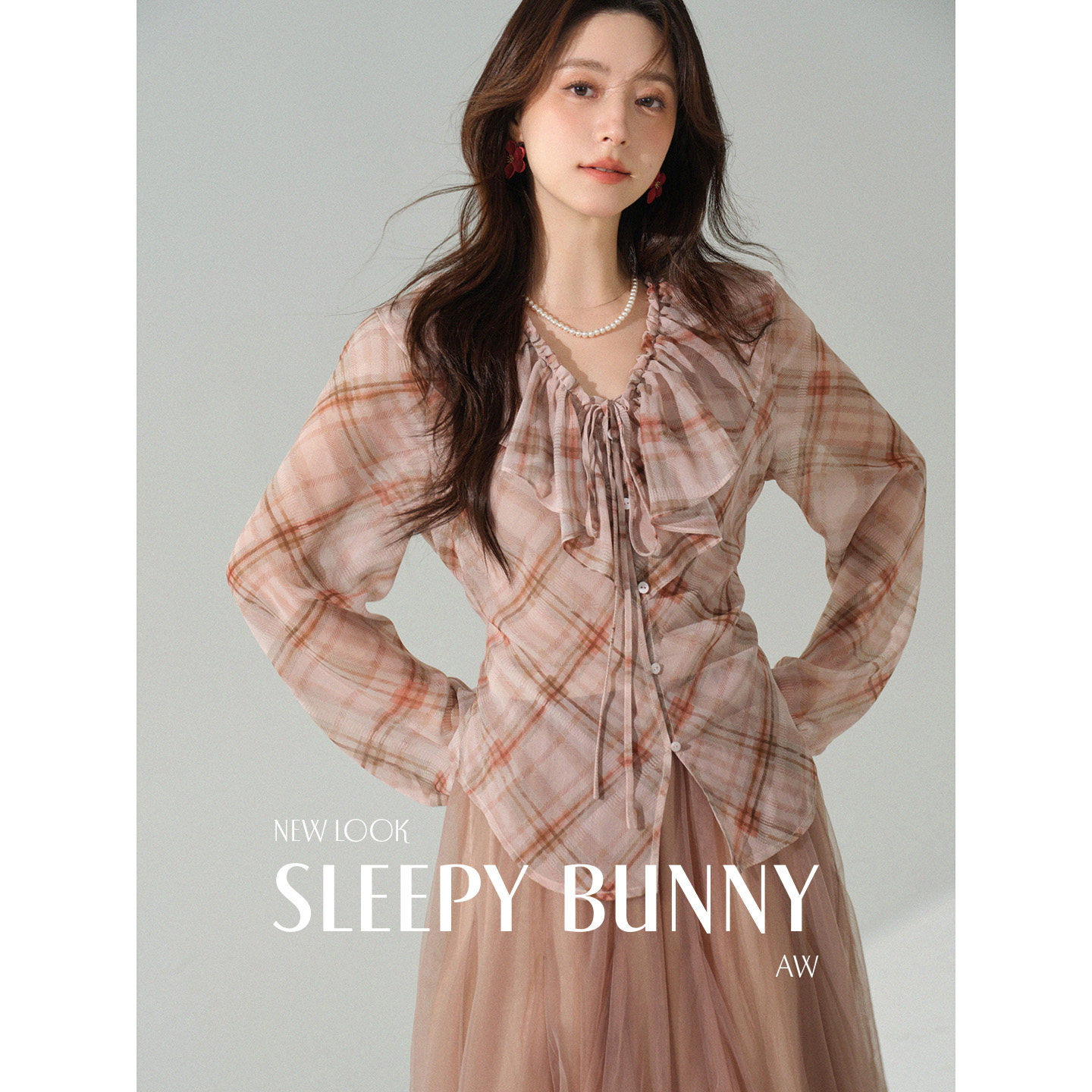 SLEEPYBUNNY Retro Plaid Ruffled V-Neck Shirt Women's Cover-Up Lantern Sleeve Faux Silk Lightweight Blouse