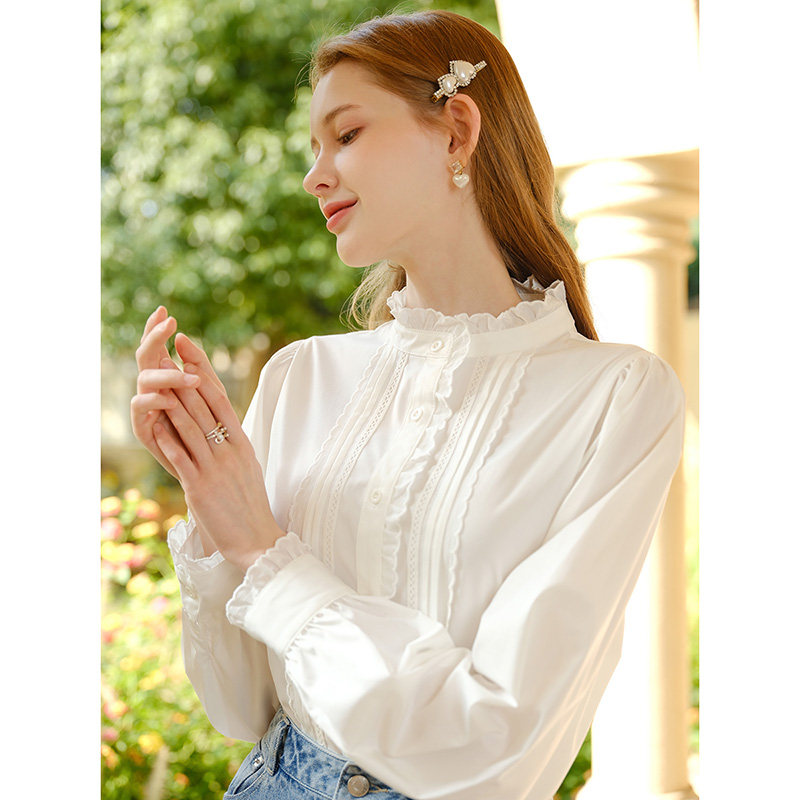 Antibacterial and wrinkle-resistant 2024 Spring New Style Heavy-duty Ruffled White Shirt for Women with Stand Collar and Lace Trim