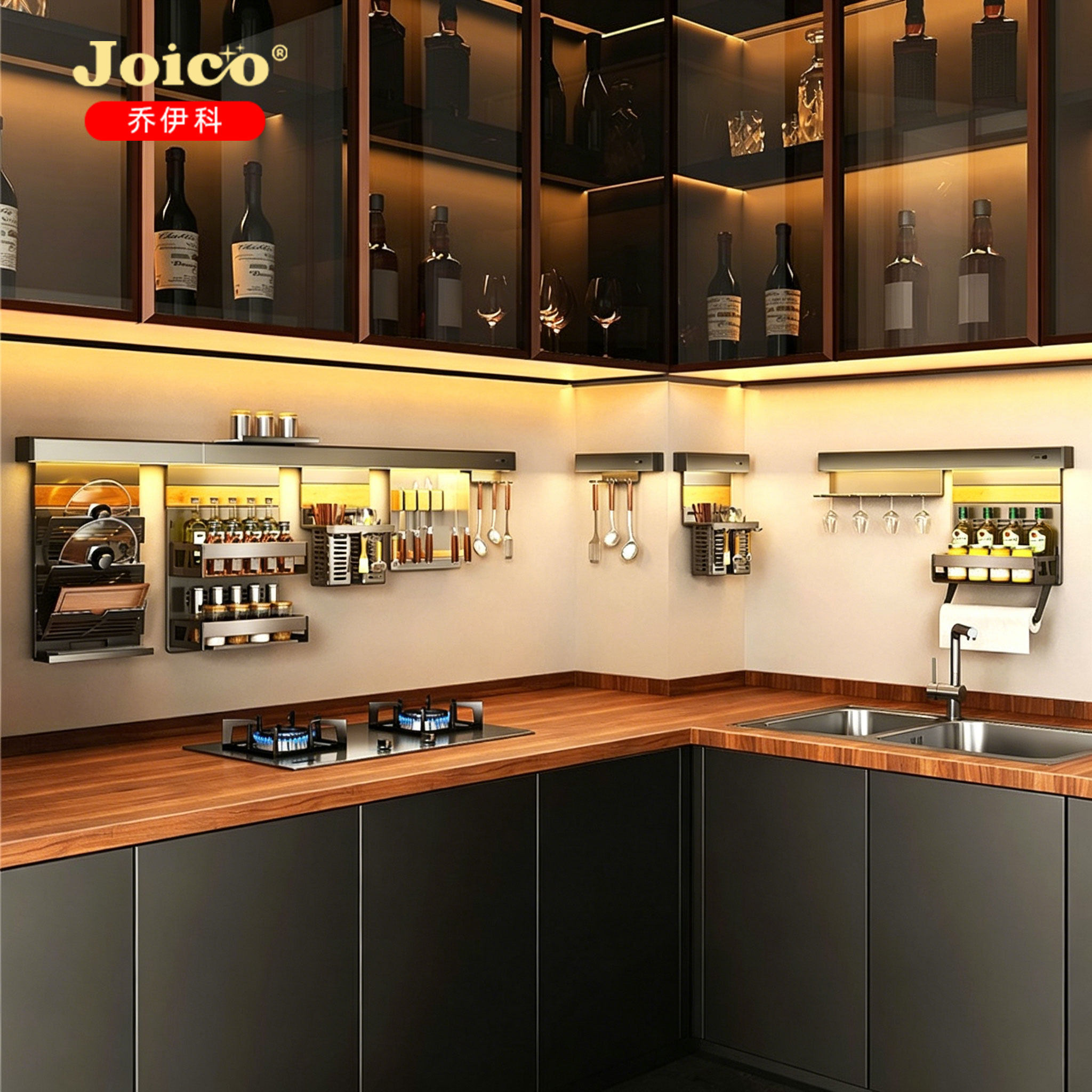 Швейцарский кухонный стеллаж JOICO с подвесной крышкой для кастрюль без перфорации, держатель ножа для приправ, многофункциональный настенный угловой стеллаж