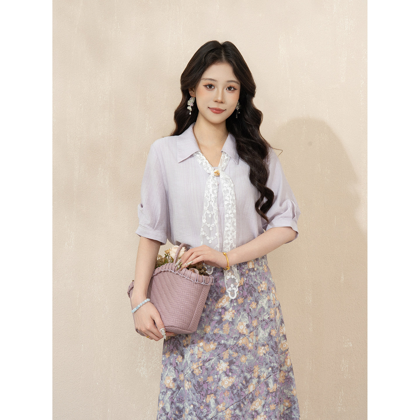 DaYuanSAD's Purple Textured Collared Short-Sleeve Shirt for Women - Summer French Gentle Style Top