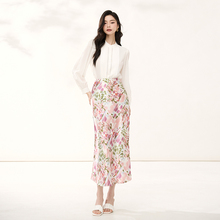 PINKWIN silk floral skirt for spring/summer 2024, new high waisted and slim looking A-line mulberry silk long skirt