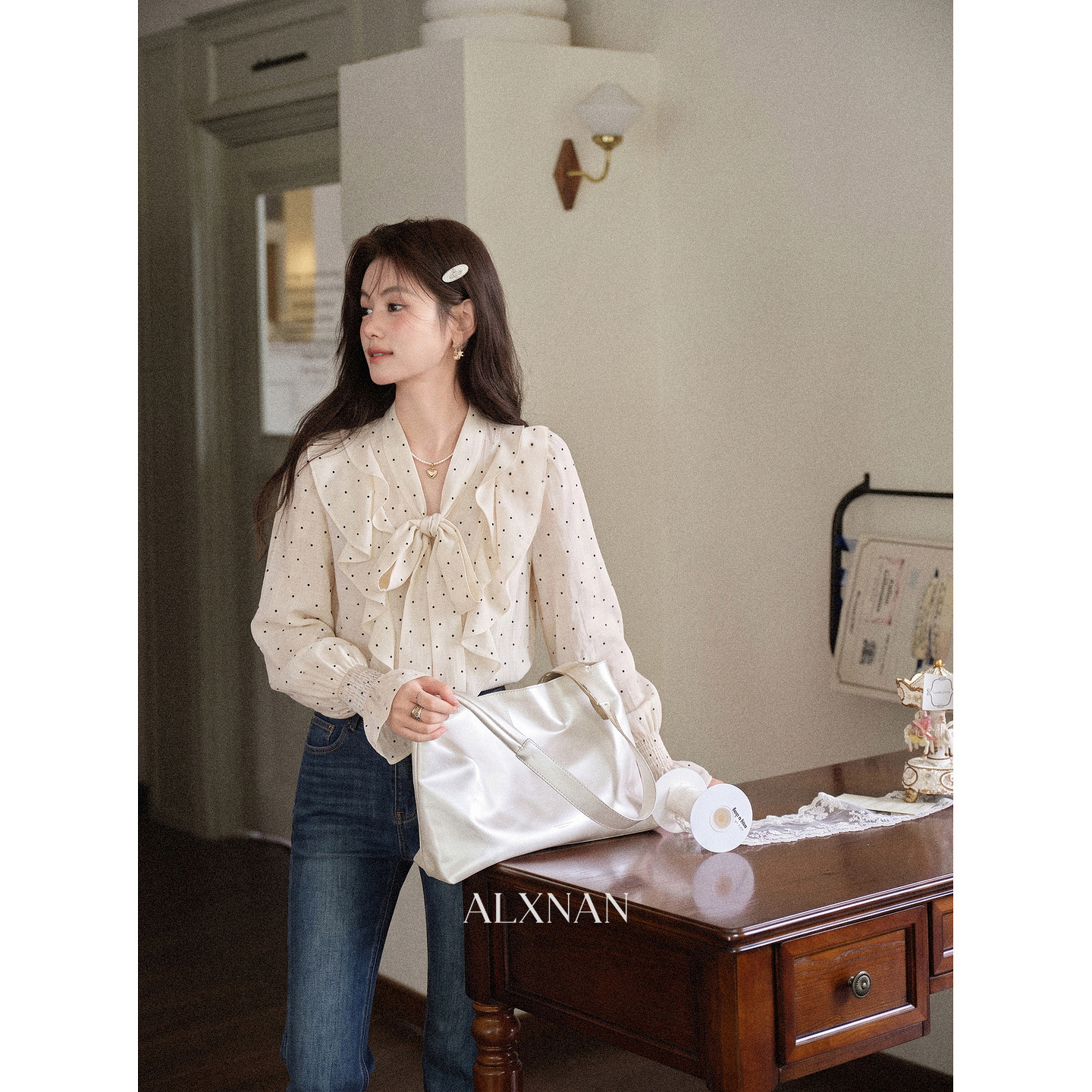 Lu Xiangnan "Jasmine Evening Fragrance" Apricot Polka Dot Bow Long-Sleeved Shirt for Women, Autumn Elegant Design Top