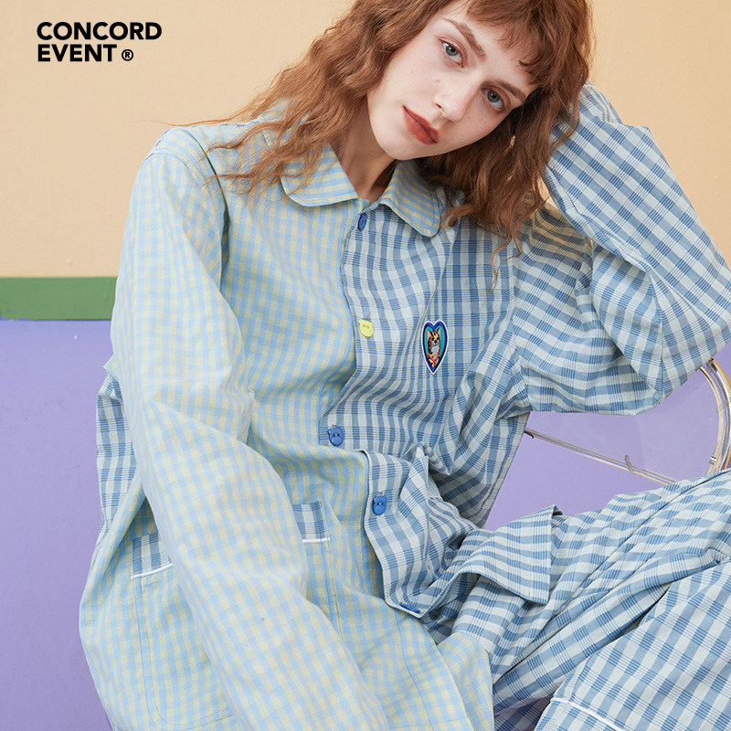 Весенне-летняя пижама-конус с длинными рукавами для пары, костюм-двойка для мужчин и женщин, повседневная клетчатая одежда, которую можно носить вне дома.