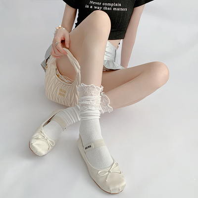 taobao agent 夜间教习室花边袜子中筒蕾丝拼接白色堆堆袜女春秋洛丽塔jk小腿袜