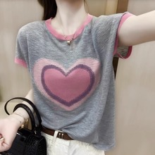 Short sleeved t-shirt for women's knitted sweater, thin summer 2024 new loose round neck, fashionable design, printed top for women