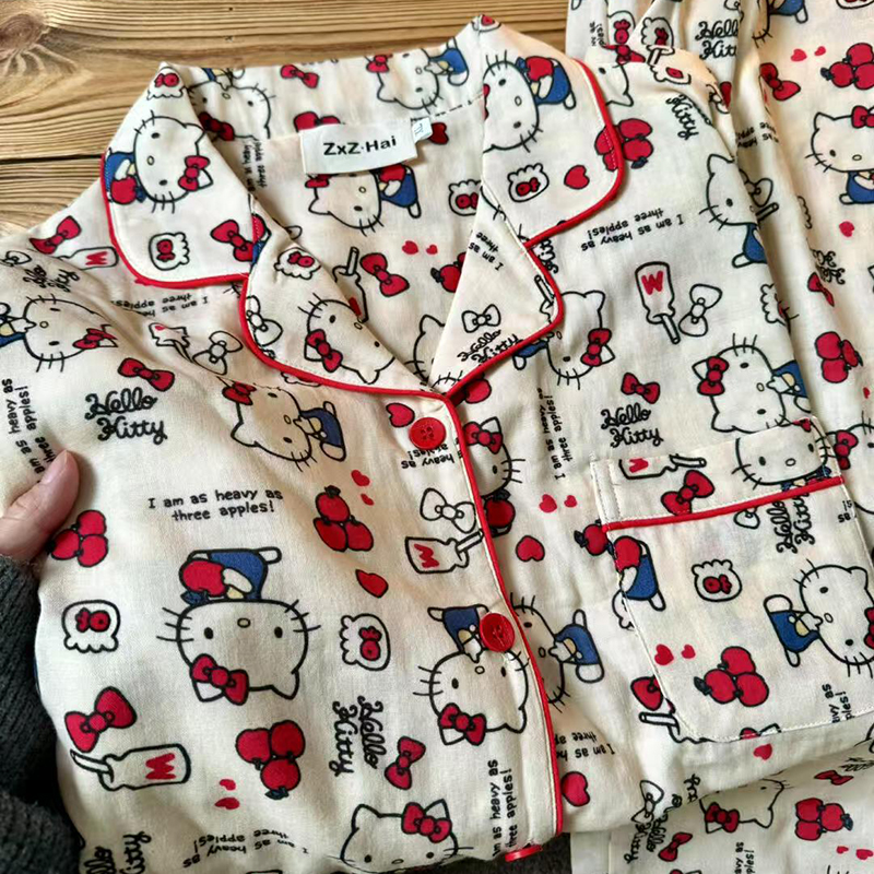 Wabi-cho, новинка 2025 года, пижамы с длинными рукавами Apple kitty, женские весенние и осенние хлопковые костюмы для домашнего использования