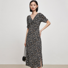 Inandon mulberry silk floral V-neck dress for women with bubble sleeves, waist cinched print, slimming V-neck, new summer style