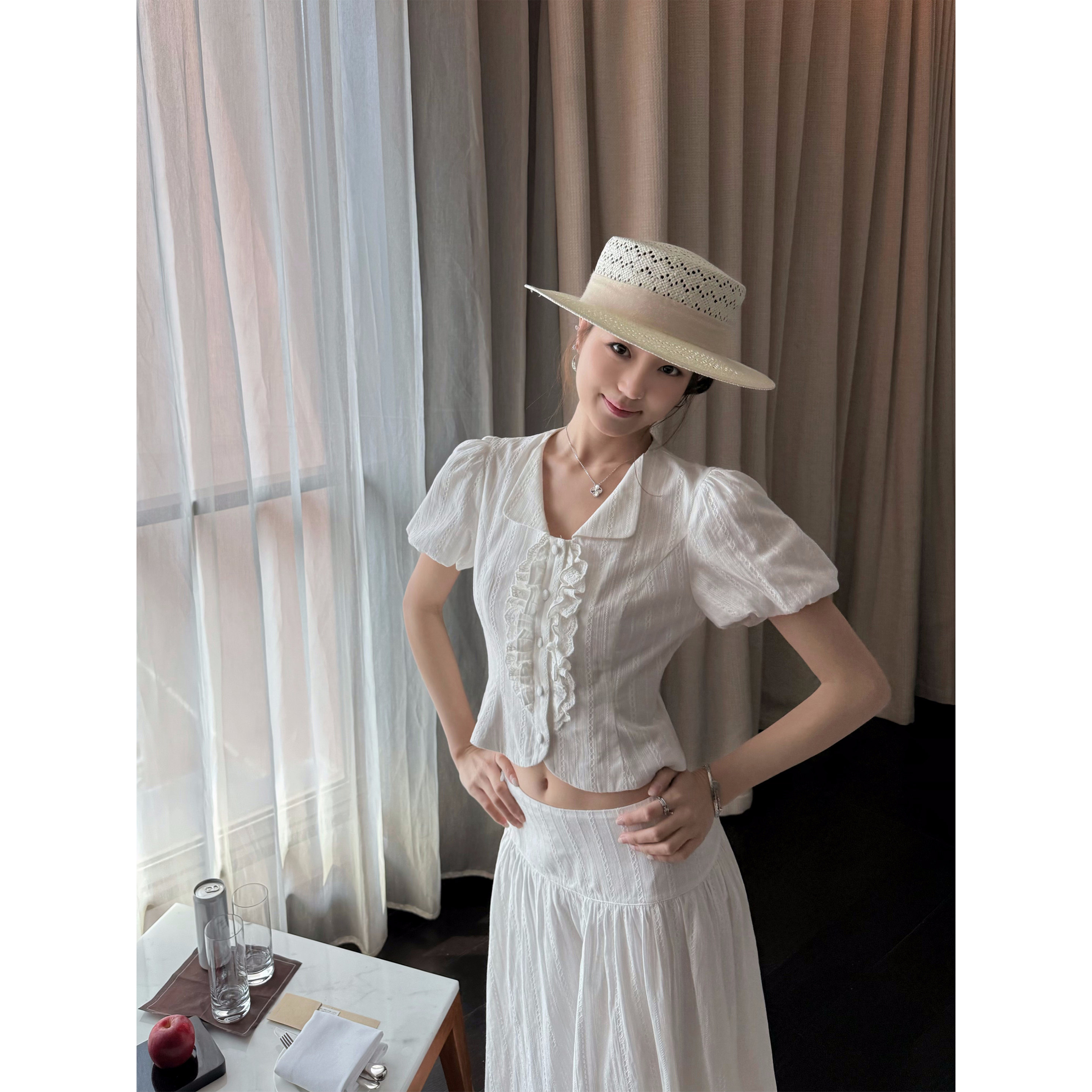Summer Home 100% Cotton French Puff Sleeve Ruffle Short-Sleeved White Shirt and Long Skirt Set