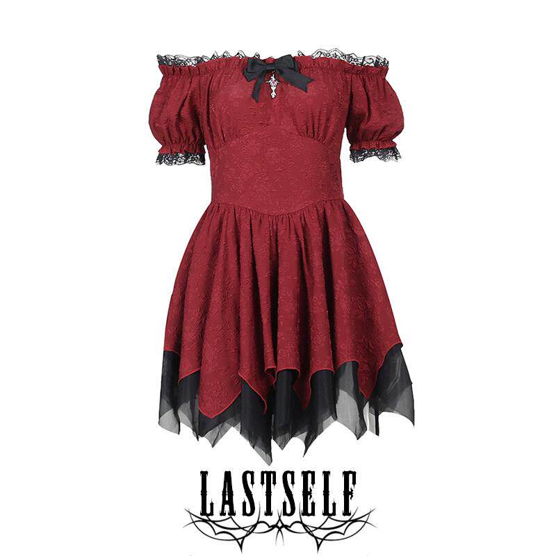Lastself Scarlet Barbie Dark Elegance Slim Fit Off-Shoulder Bow Red and Black Color Block Waist-Defining Dress