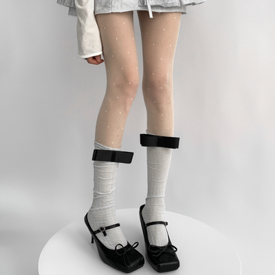 taobao agent 夜间教习室袜子女秋款一字蝴蝶结中筒袜白色洛丽塔小腿堆堆袜薄款