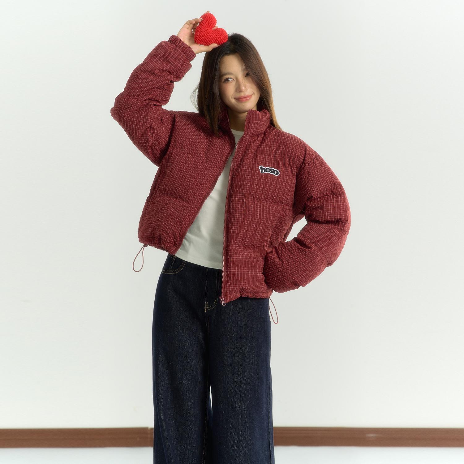 Короткая пуховая куртка с хлопковой подкладкой в красную клетку BESOBER, хлопковая куртка-батник, женская зимняя утепленная куртка с воротником-стойкой