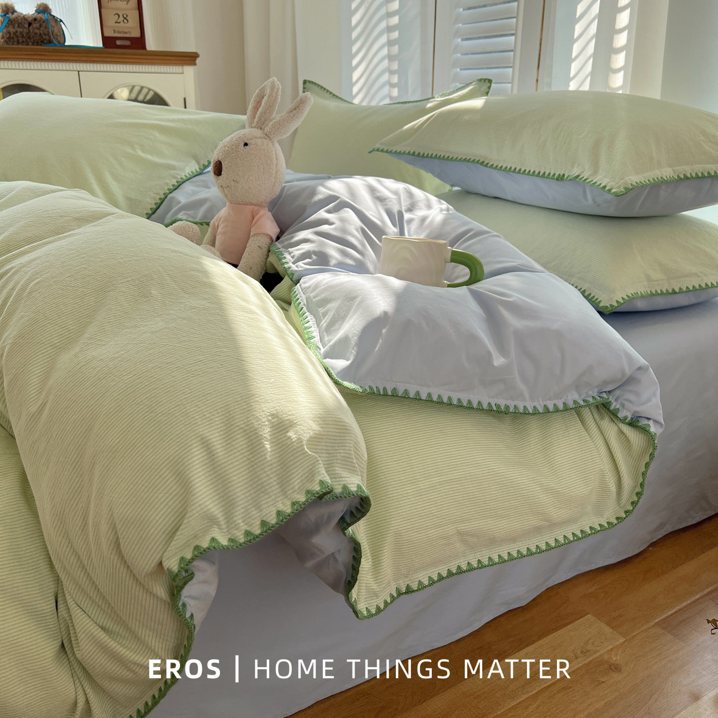 Комплект из четырех предметов EROS homemade-tide green в полоску из 100 хлопка в домашнем стиле с краями из выстиранного хлопка и пододеяльника из чистого хлопка для общежития