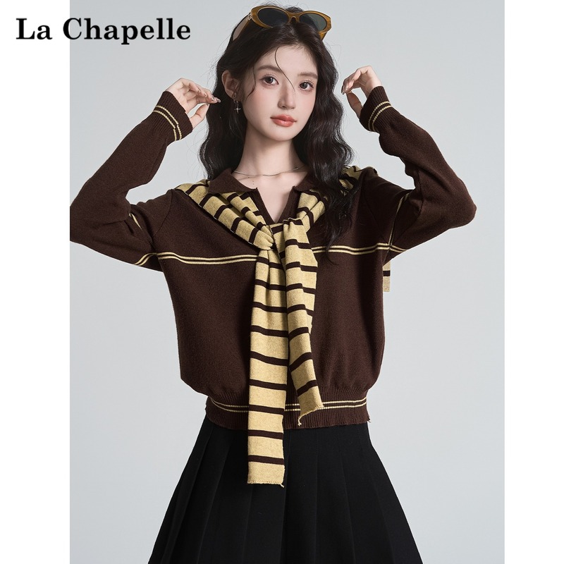 La Chapelle, осенний новый свитер кофейного цвета с v-образным вырезом и длинными рукавами, женский темпераментный джокер, свитер в стиле колледжа, топ тренд