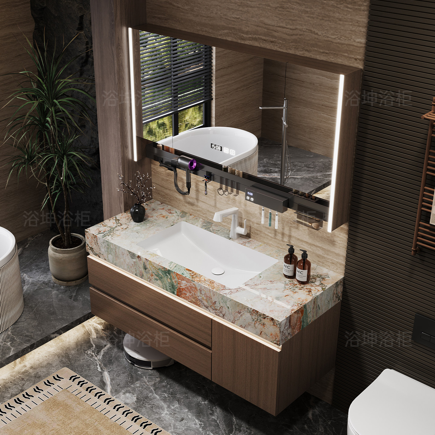 Four seasons розово-зеленый итальянский минималистский шкафчик для ванной комнаты, комбинированный с каменной плитой, бесшовный керамический умывальник для ванной комнаты