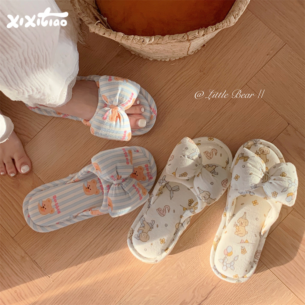 Thin striped, trendy bow-knot slippers, Instagram-worthy cartoon style, perfect for spring and summer, suitable for home wear, breathable, sweat-wicking, cotton and linen.