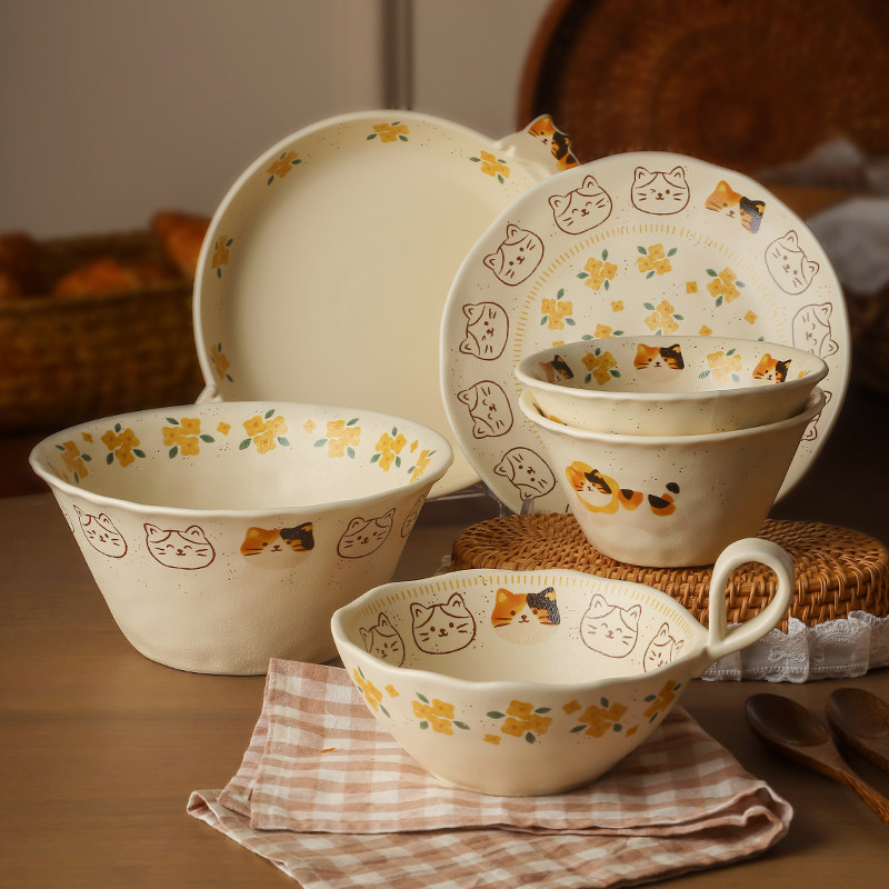 Набор чаш и тарелок MIXIM cute tableware бытовые 2026 керамические миски и посуда подглазурного цвета, набор посуды на одну персону