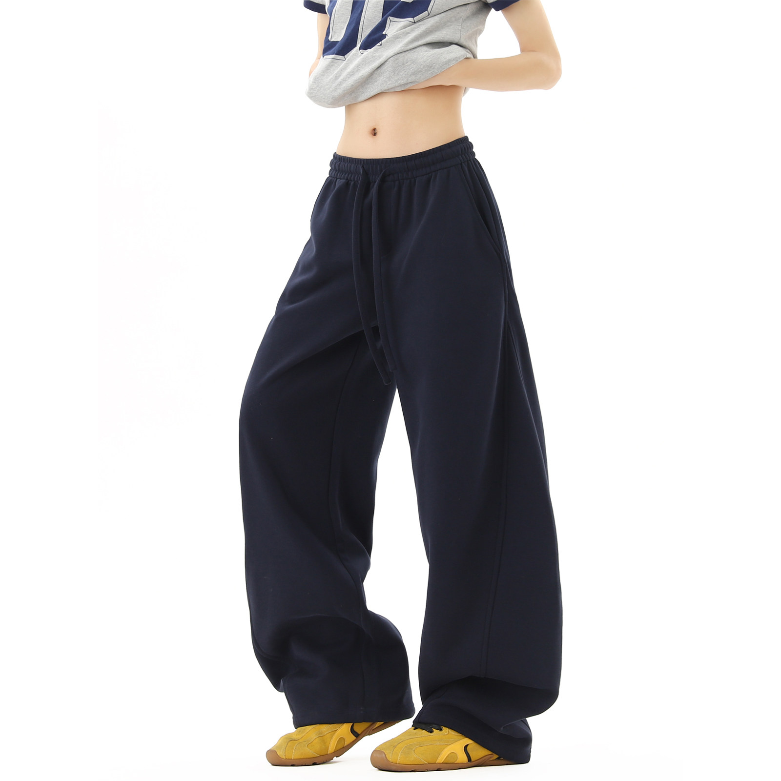 Navy blue curved sword guard pants for women and men in spring, clean fit, slimming and wide leg pants, versatile casual sports pants