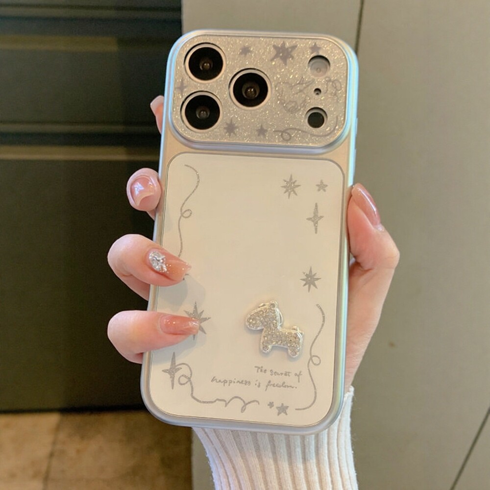 Apple iPhone 17 Pro Max Glitter Large View 3D Rhinestone Pony Phone Case with Silver Lines and Star Lines; iPhone 16 Pro Max Full Coverage Drop-Proof Premium Soft Case; 15 Plus Silicone