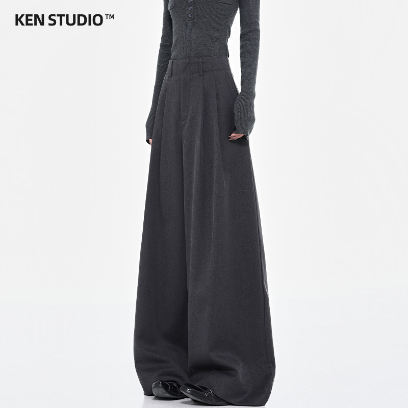 Весенне-летние новые серые универсальные широкие костюмные брюки KEN STUDIO, женские плиссированные свободные драповые брюки, повседневные брюки