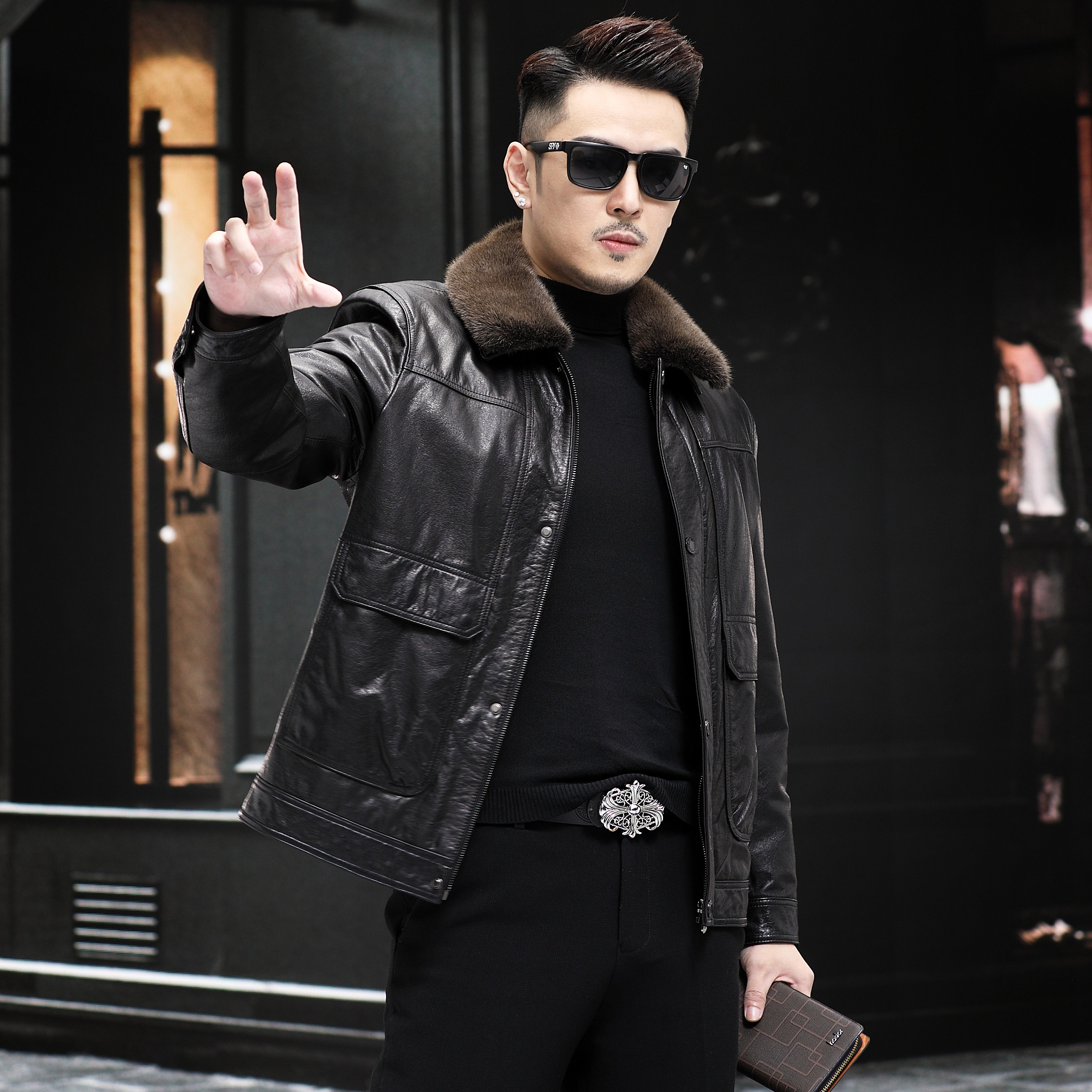 Haining leather кожаная куртка мужская с первым слоем из воловьей кожи, масляным воском, воротником из меха норки, тонкая мотоциклетная кожаная куртка на подкладке