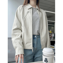 White short leather jacket for women in spring and autumn 2024, new hot selling style, unique and super beautiful jacket, small motorcycle