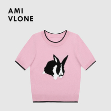 AMI VLONE2024 Summer New Knitwear Short sleeved Cartoon Rabbit Multi color Woolen Jacquard Design for Women