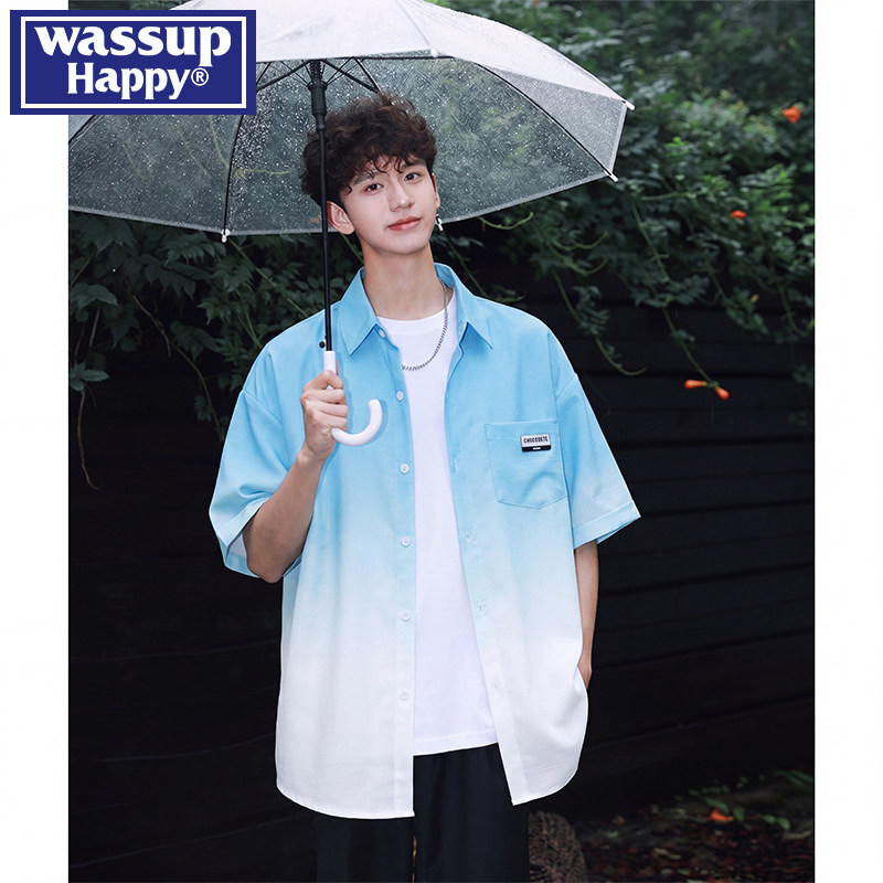 wassup happy tie-dye синяя рубашка с короткими рукавами, мужская летняя новая тонкая рубашка, свободная повседневная одежда