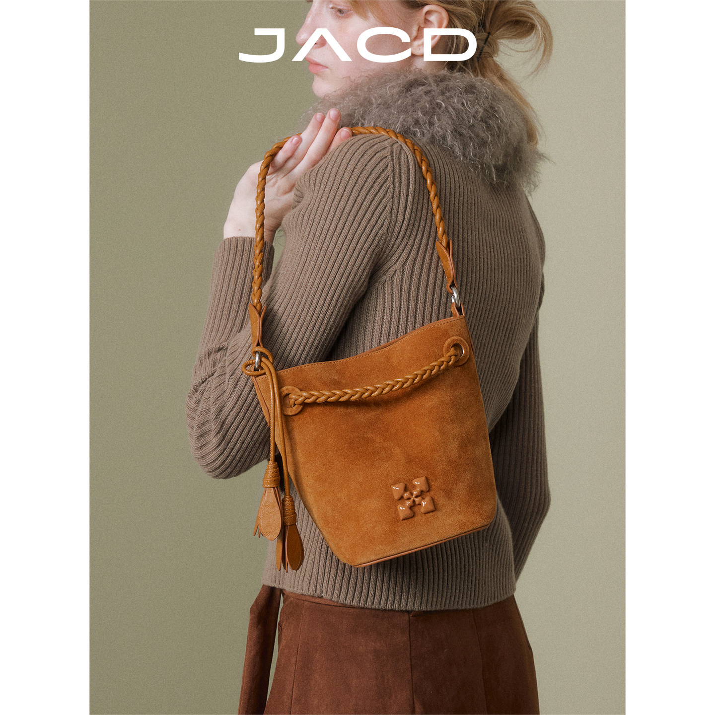 JACD【Карамельно-персиковая】 коричневая сумка-ведро, женская новинка 2026 года, замшевая кожаная сумка-мессенджер