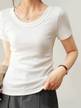 White U-neck thread pure cotton short sleeved t-shirt for women in 2024, new European style slim fit and slimming t-shirt top for summer