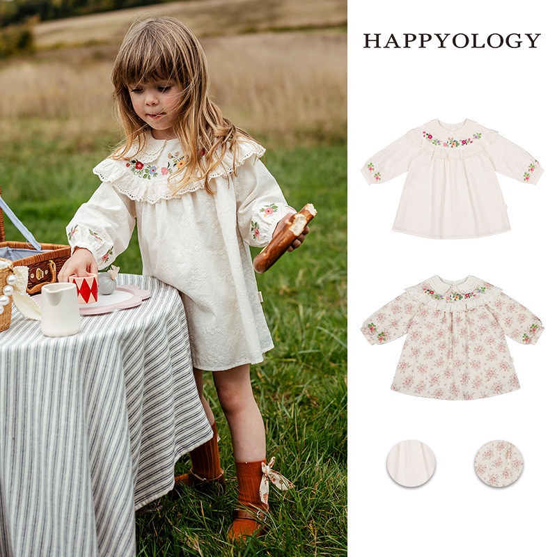 Новое весенне-летнее детское платье Happyology в британском стиле с юбкой для девочек и оборками на лацканах, детское платье с вышивкой