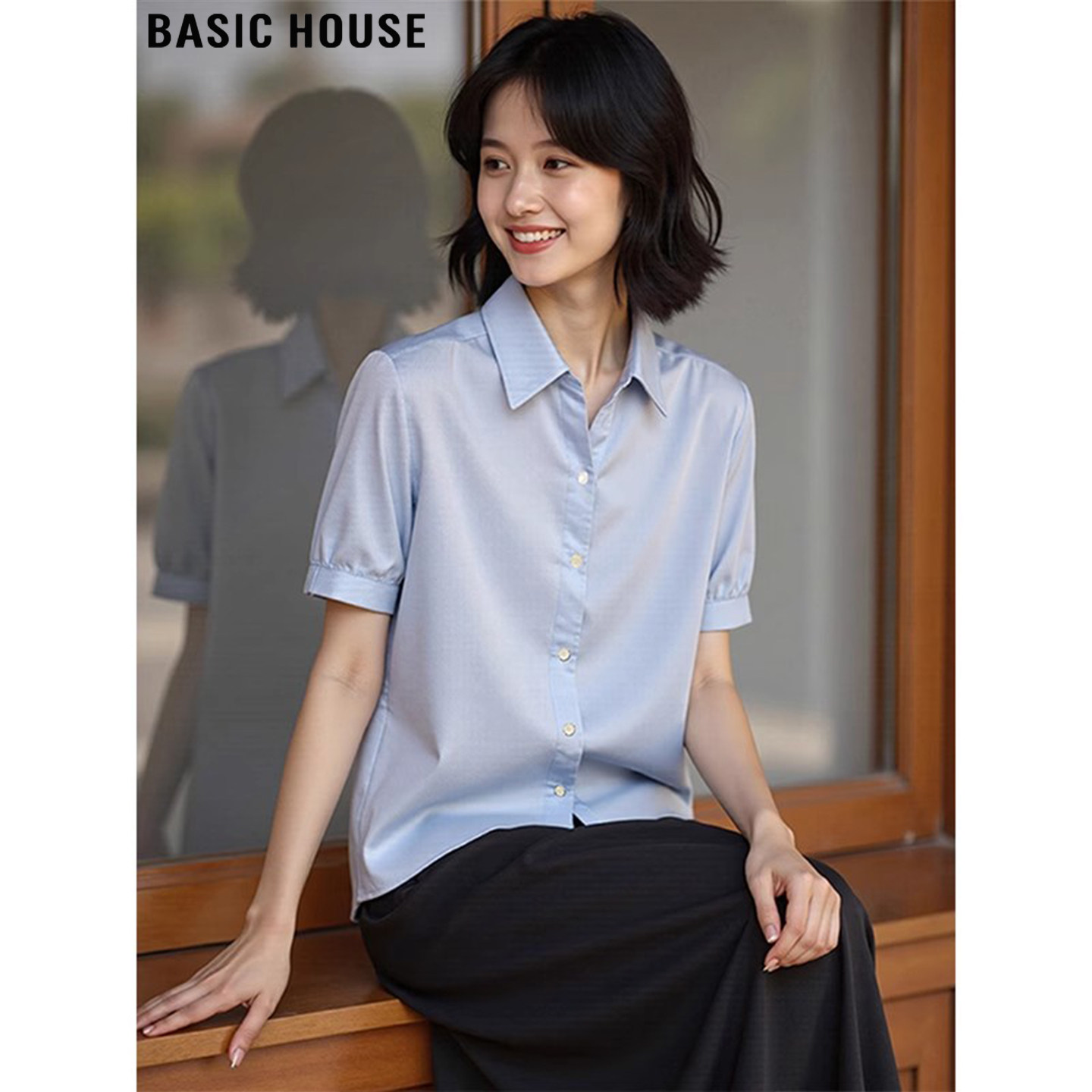 Basic House/Baijia good высококачественная пригородная синяя рубашка с короткими рукавами, женская летняя тонкая рубашка с солнцезащитным кремом