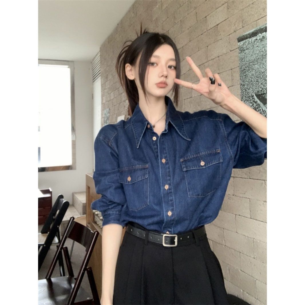 2026 New Spring Hong Kong Style Blue Retro Denim Shirt Women's Design Loose Long-Sleeved Top/Shirt