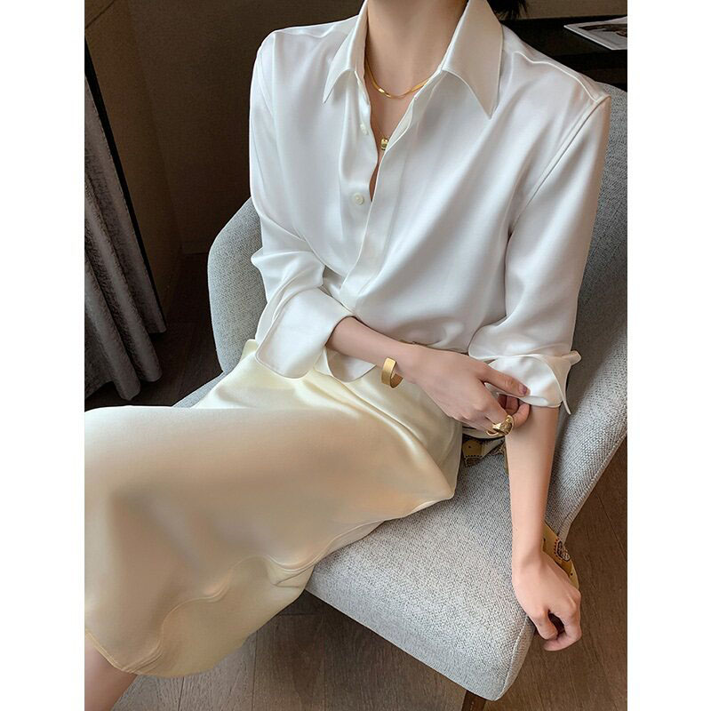 White acetate satin long-sleeved shirt for women, suitable for spring and autumn, European style, sophisticated and professional look, perfect for commuting.