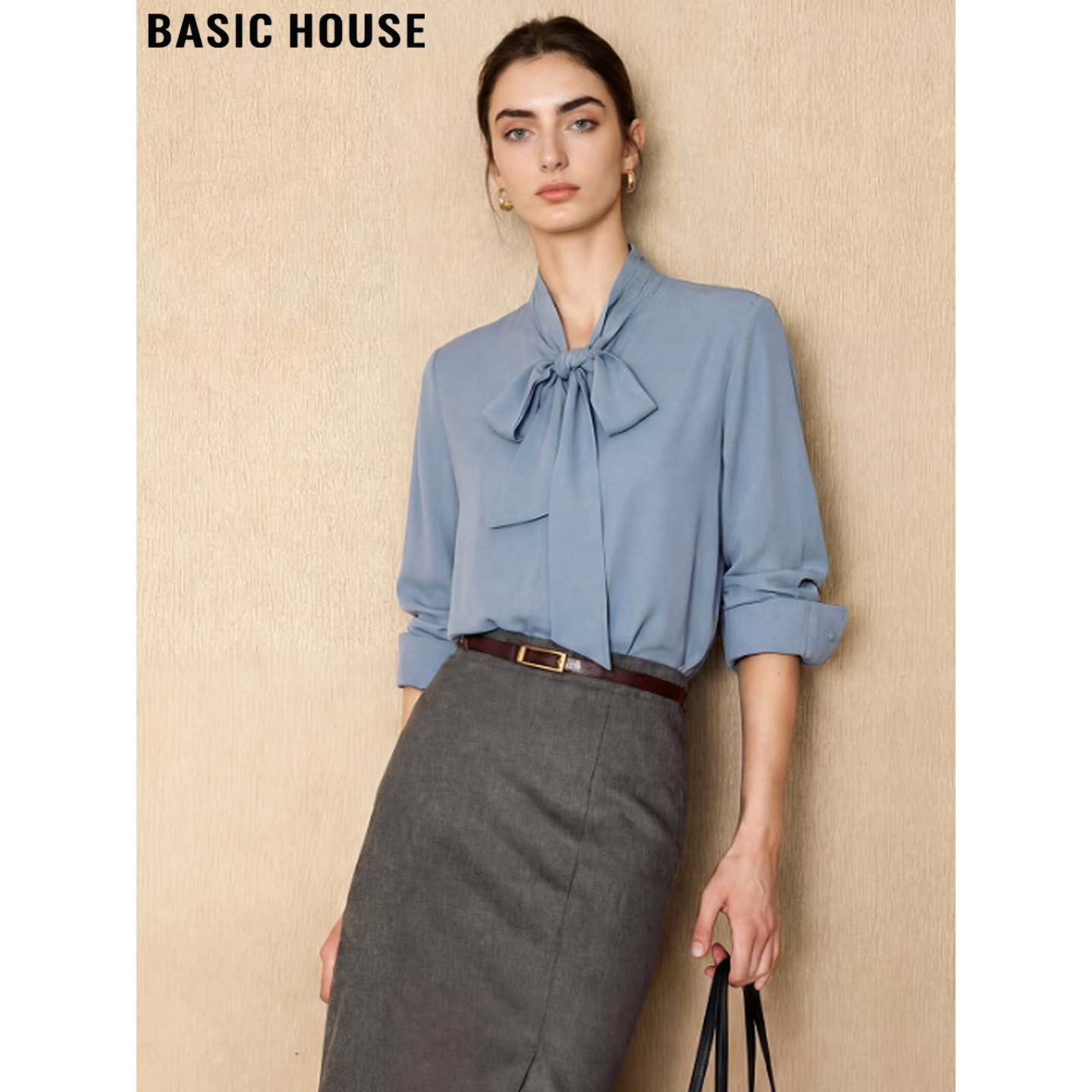 Basic House/Baijiahao Grey-Blue Chiffon Shirt Women's Summer Thin Style Bow Tie Long Sleeve Shirt