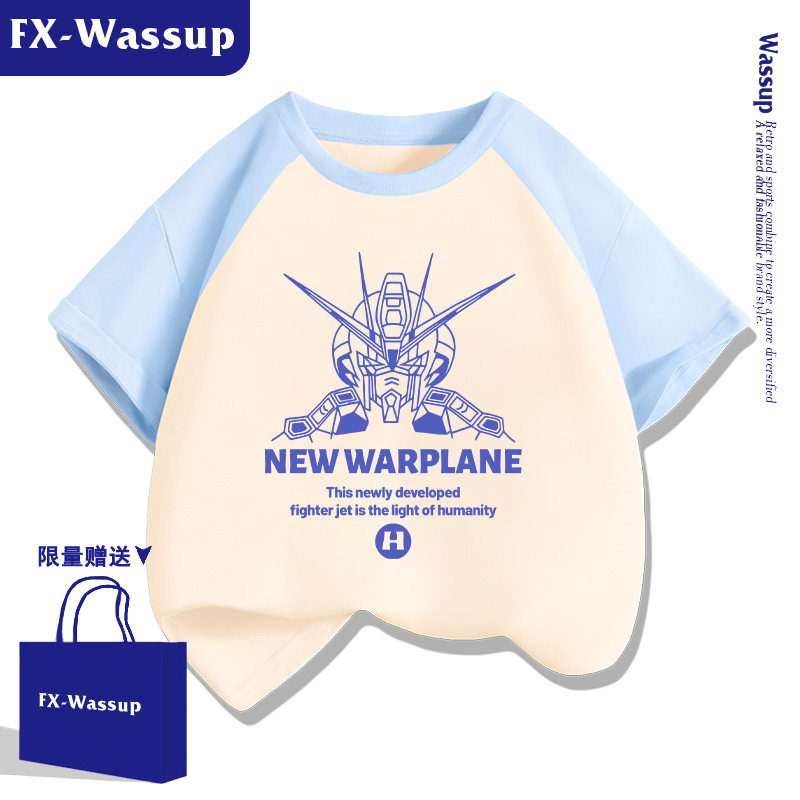 детская черная футболка с короткими рукавами Gundam от совместного бренда wassup, новинка 2026 года, летняя хлопковая футболка с героями мультфильмов для мальчиков