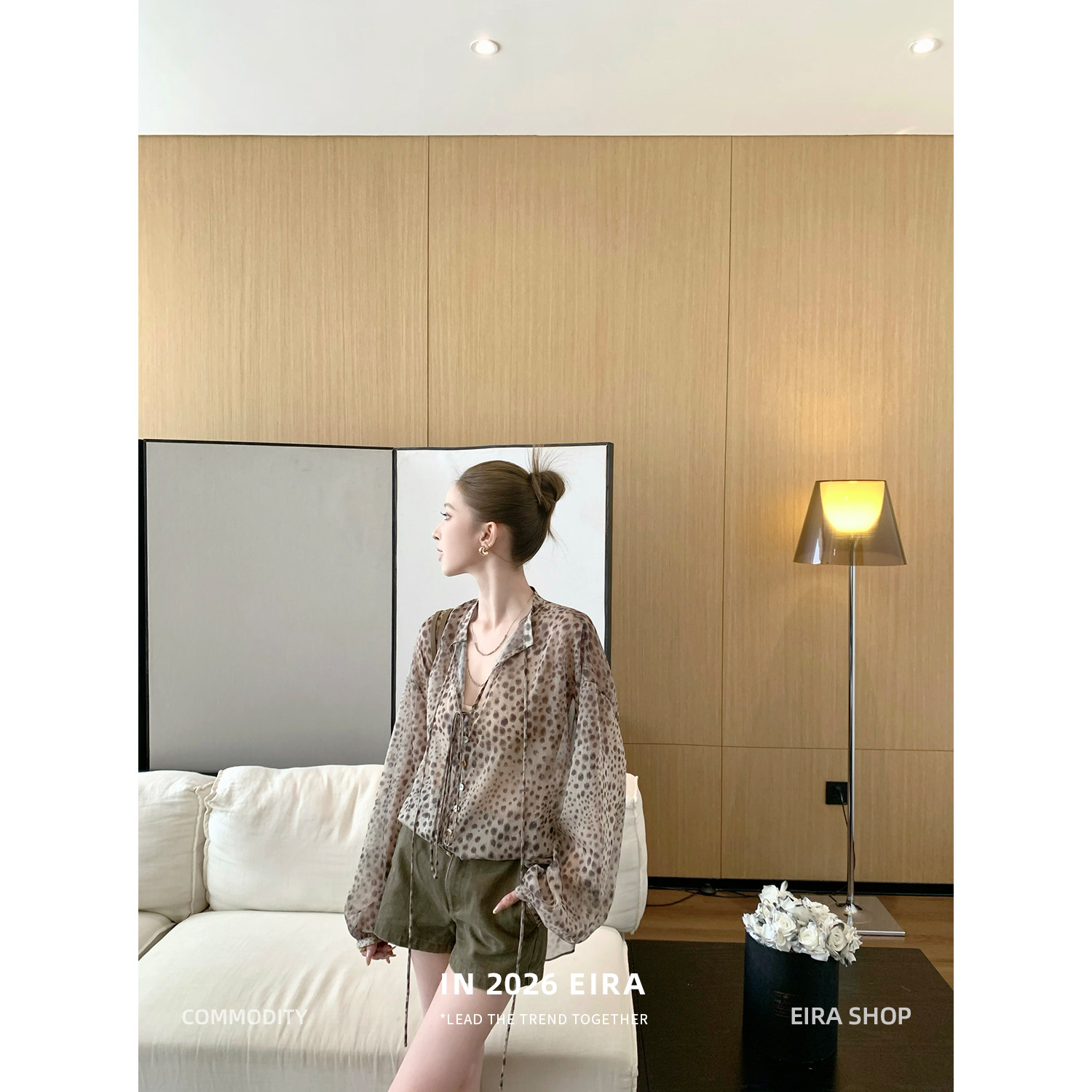 Eira Jupiter Dune Sheer Leopard Print Chiffon Blouse for Women, Summer Long-Sleeved Tie-Waisted Loose Fit Top