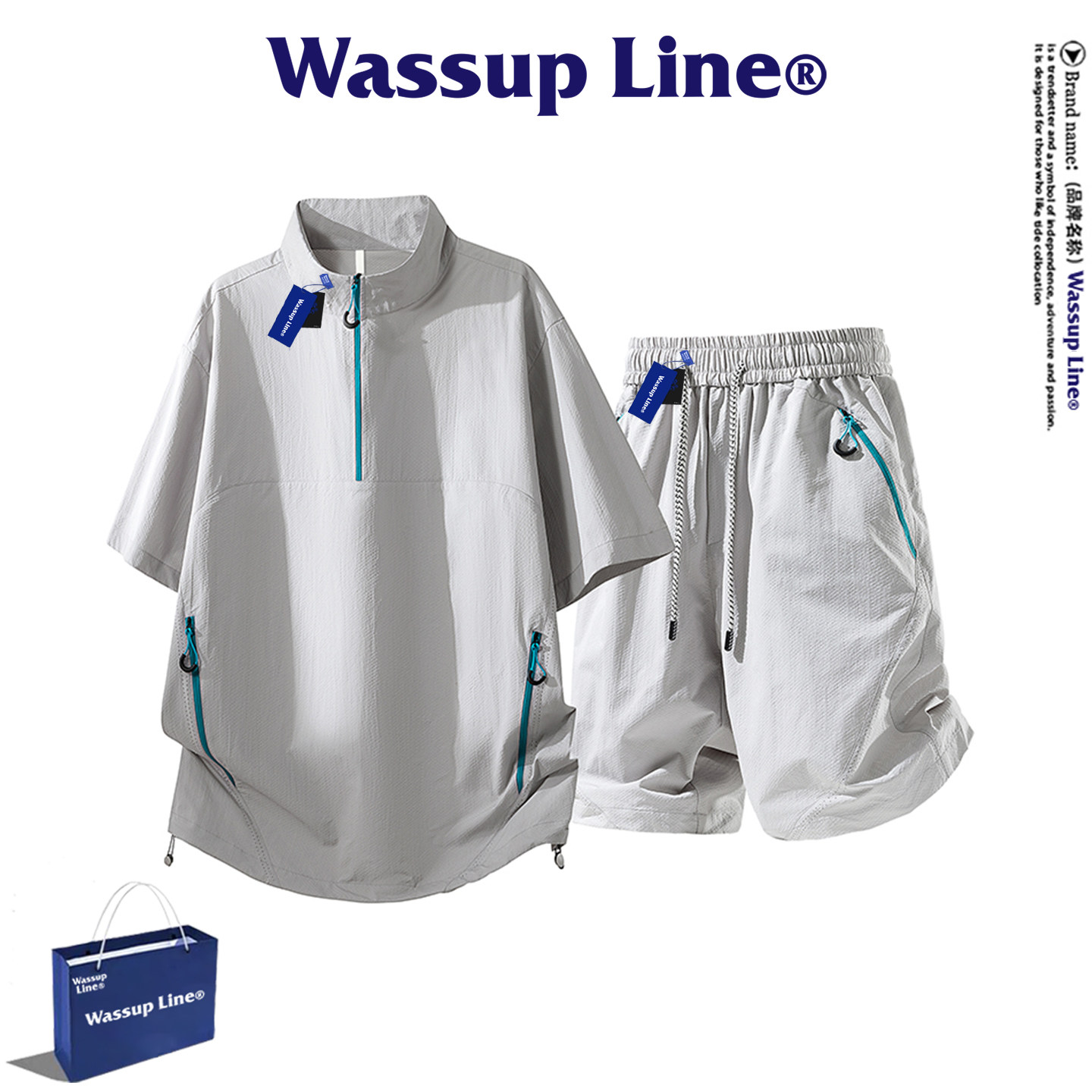 Брендовый костюм в спортивном стиле WASSUP Line tide, мужская летняя футболка с воротником-стойкой и короткими рукавами, брюки-пятиточечные, костюм-двойка