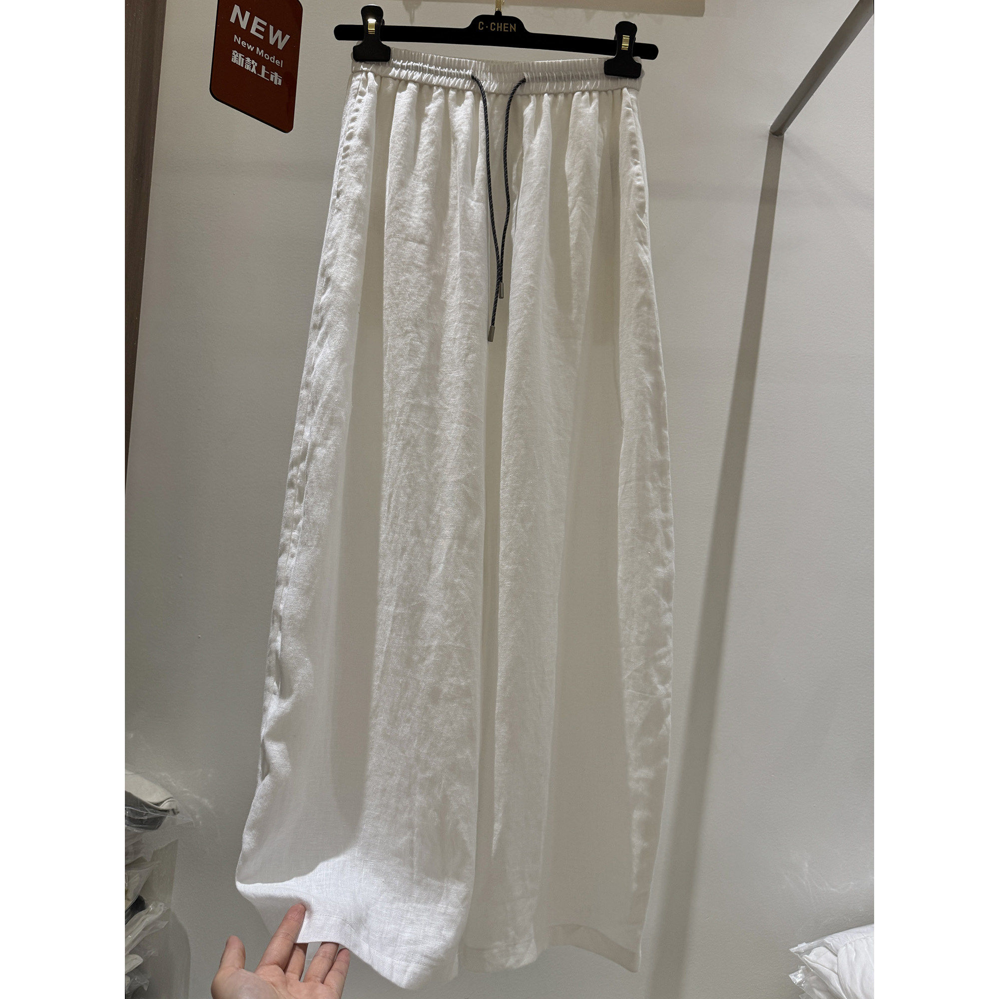 High end European summer new style fashionable and high-end solid color drawstring elastic high waisted linen casual straight leg pants for women