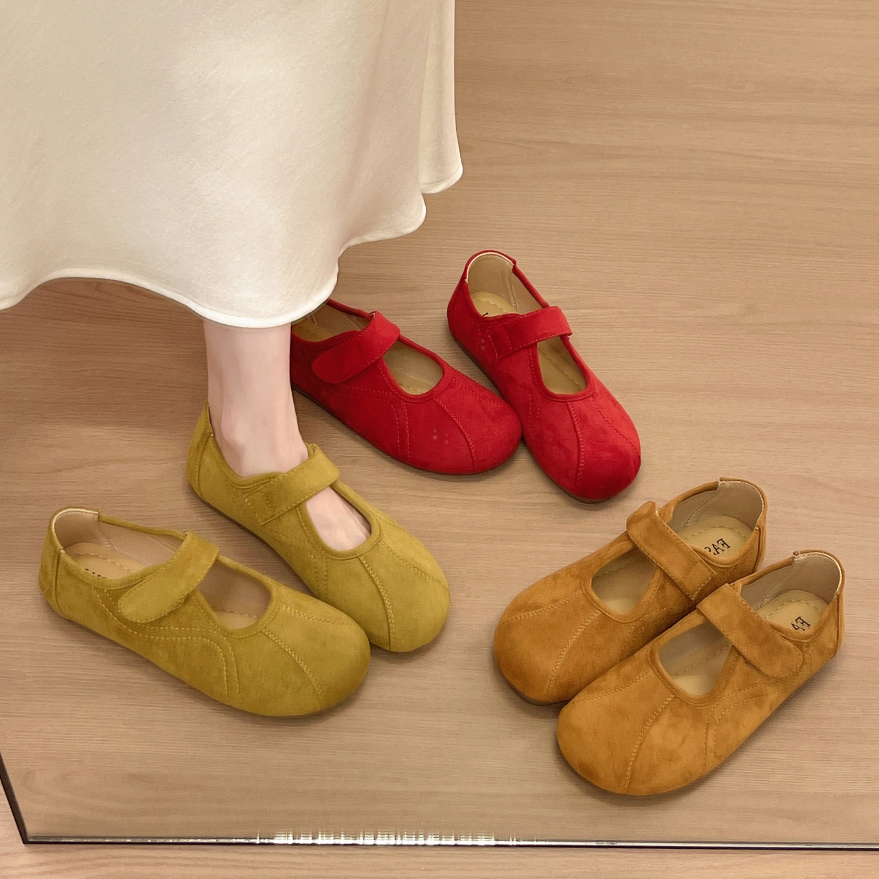 Туфли Birkenstock из французской замши на плоской подошве "все включено", женские тонкие туфли Mary Jane на липучке, новинка 2026 года, осенне-летние туфли в горошек
