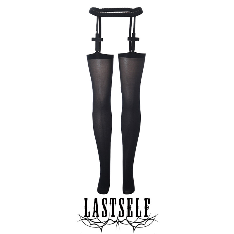 Lastself Evil Charm Церковный крест на перевязи через колено, черные чулки, ультратонкие белые шелковые носки до бедра для сексуальной горячей девушки