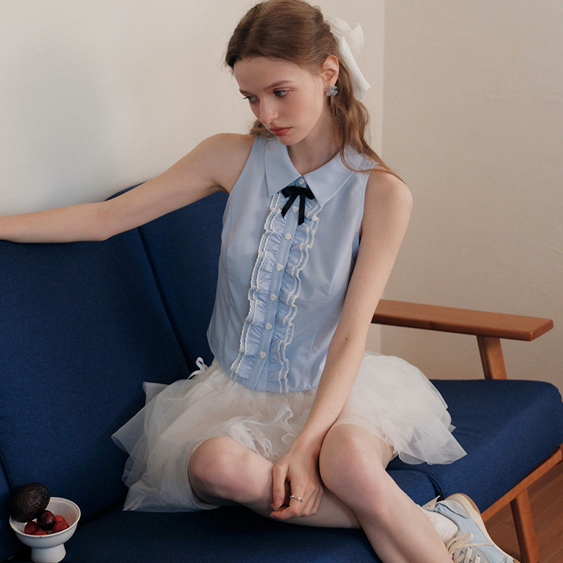 ISISLOVE Blue Designer Ruffled Sleeveless Shirt Women's Summer College Style Vest Short Slimming Top