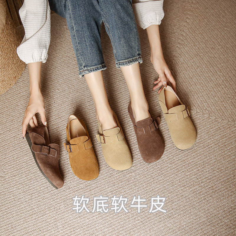 Весенне-осенняя женская обувь birkenstocks из натуральной кожи на плоской подошве; сезон весна-осень; однотонные туфли birkenstocks на мягкой подошве из коровьего бархата; коллекция 2026 года; обувь в горошек