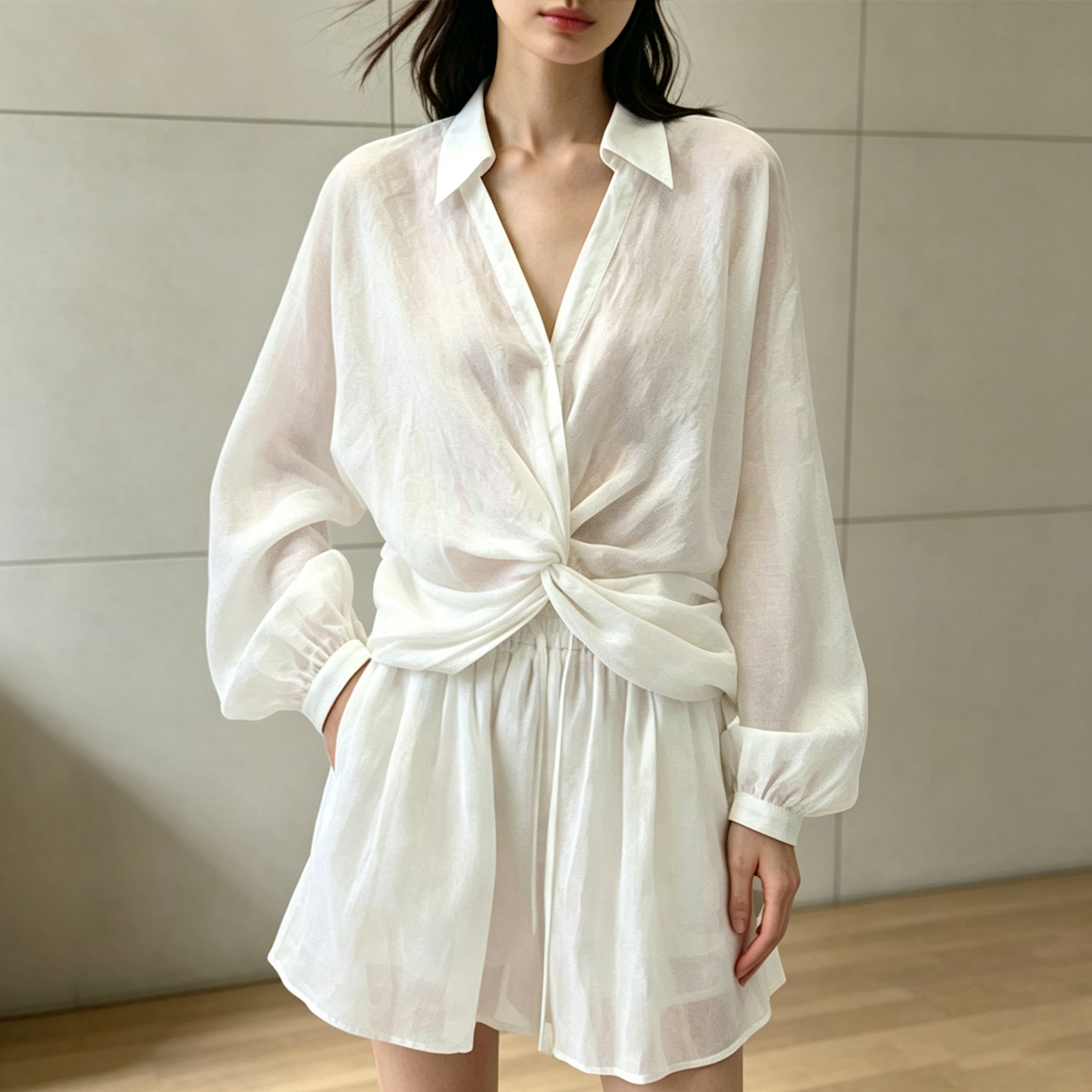 Music Eyes 100% Ramie V-neck Shirt for Women, Long Sleeve, Loose Fit, Stylish Knot Design, Slimming Shirt