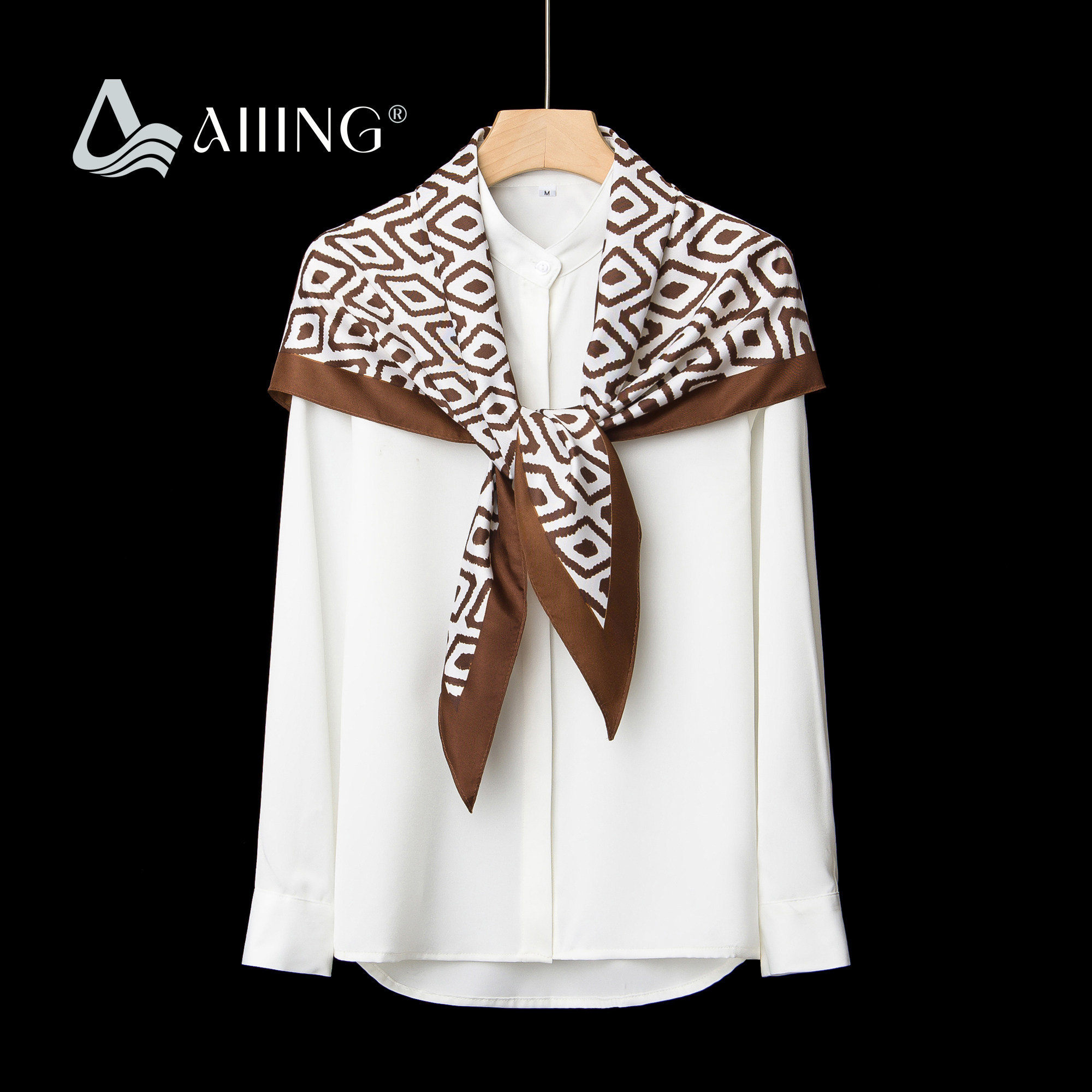 Korean-style minimalist triangular scarf, fashionable new arrival, brown and white geometric pattern, high-end women's silk scarf, versatile and niche shawl.