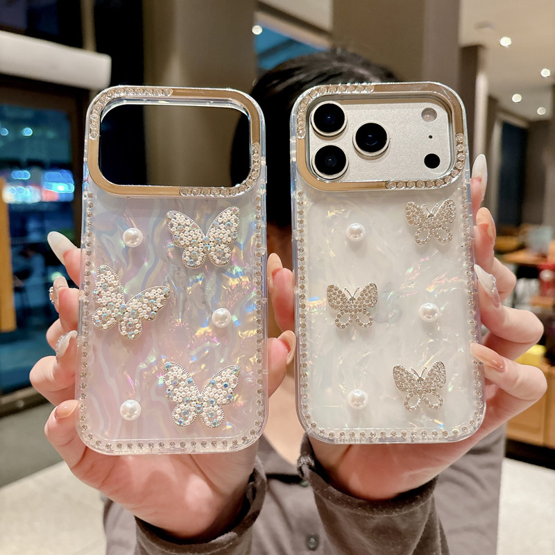 Suitable for Apple iPhone 17 Pro Max phone case, rhinestone butterfly design, new style, women's iPhone 16, glittery large frame, 17 series, high-end feel, 15 Pro, beautiful 13 diamond shell, 14PM silicone case.